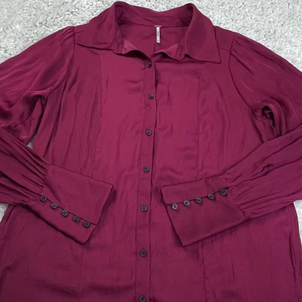 Free People Lala Button Up Long Sleeve Shirt Magenta Red
